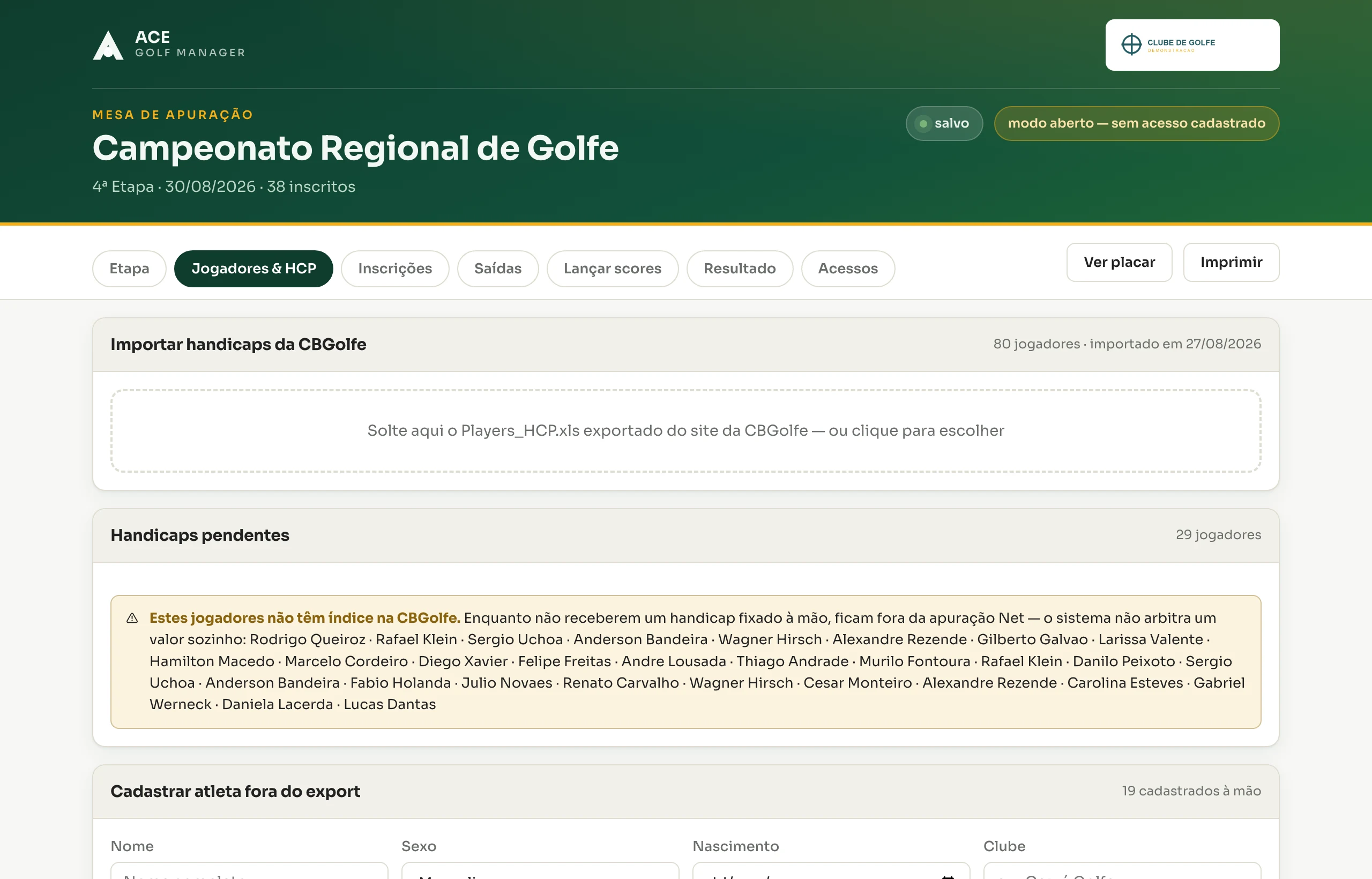 Tela de jogadores e handicap: índice da federação, sugestão do sistema, campo de ajuste, campo para fixar valor e handicap de jogo final.
